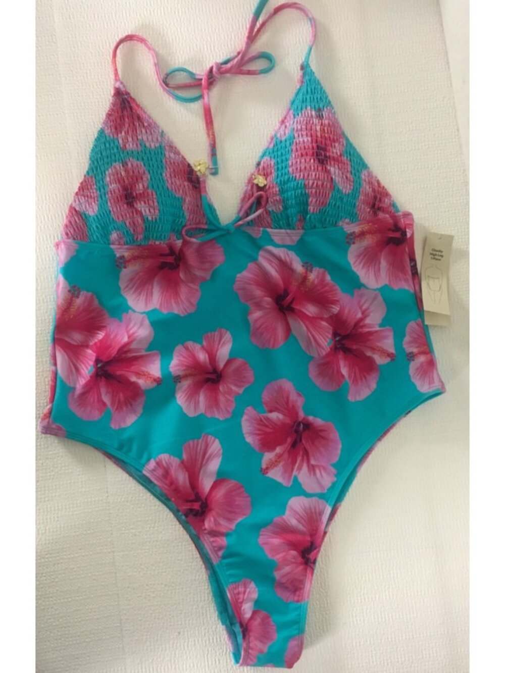 No Boundaries One Piece Swim Suit Size XL Blue Cheeky High Leg Pink Flowers New